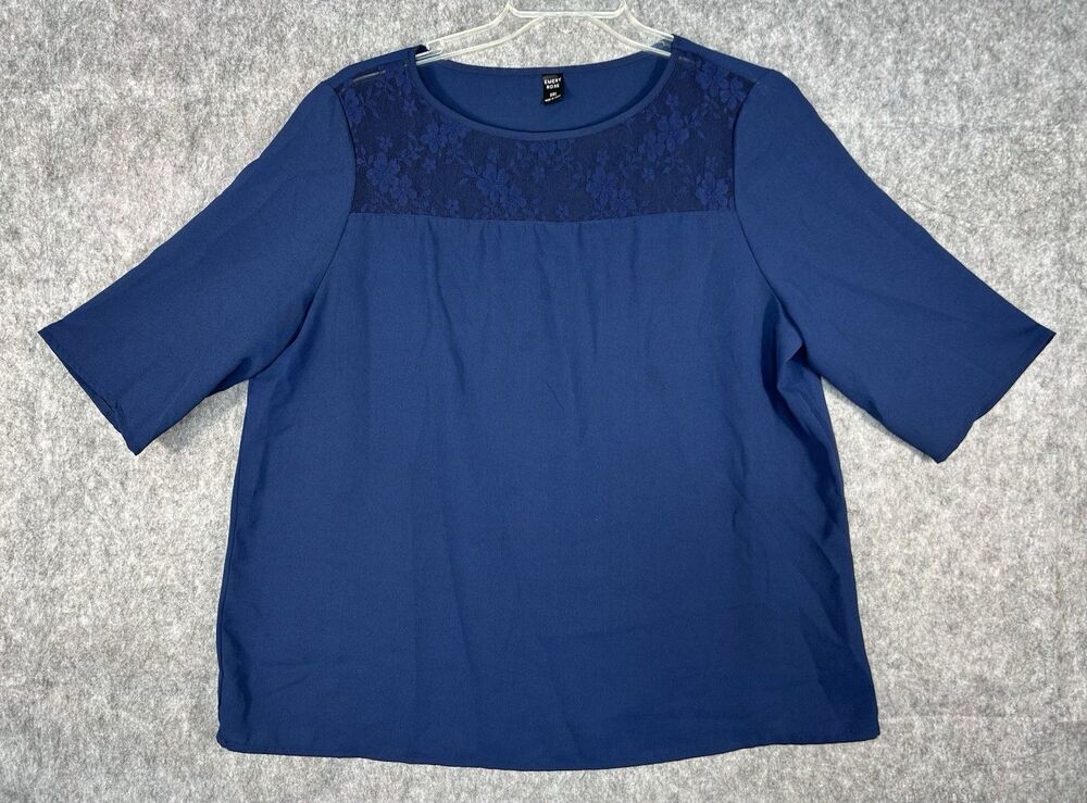 Emery Rose Size 2X Navy Blue Sheer Floral Lace Short Sleeve Top Career